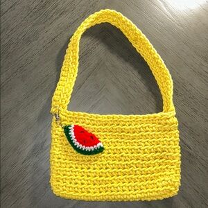 Handmade VINTAGE Yellow Crochet Shoulder Bag with Watermelon Charm 🍉